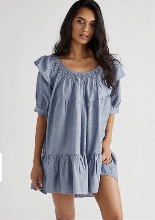 Free People Dresses & Skirts - Free People Amelie Denim Mini Dress Blue Chambray Ruffle Puff Sleeve XS EUC